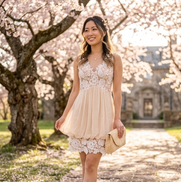 Jovani Dresses & Skirts - NWOT Jovani SILK mini dress 6 Pastel Spring Chic Feminine Floral Lace Romantic